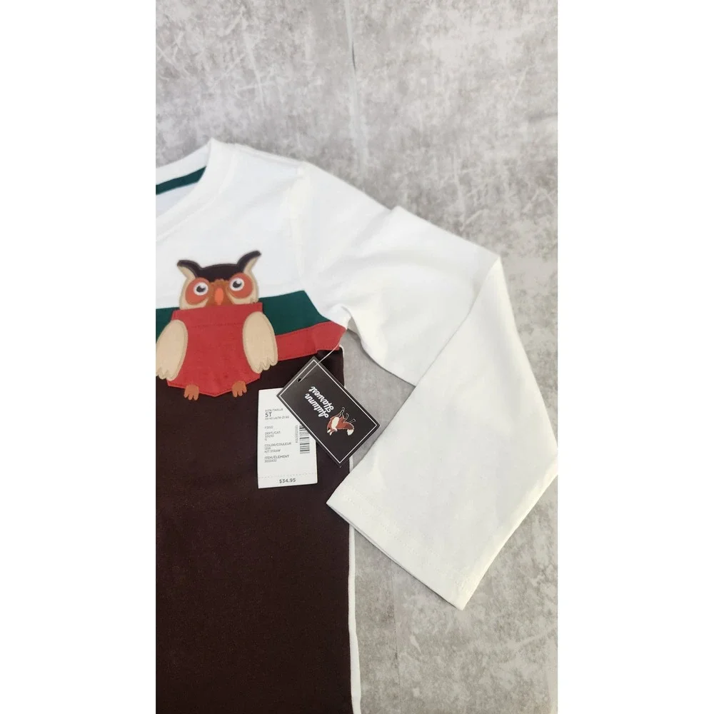 Gymboree Graphic Tee Kids 5T White Brown Owl Applique Long Sleeve Shirt NWT